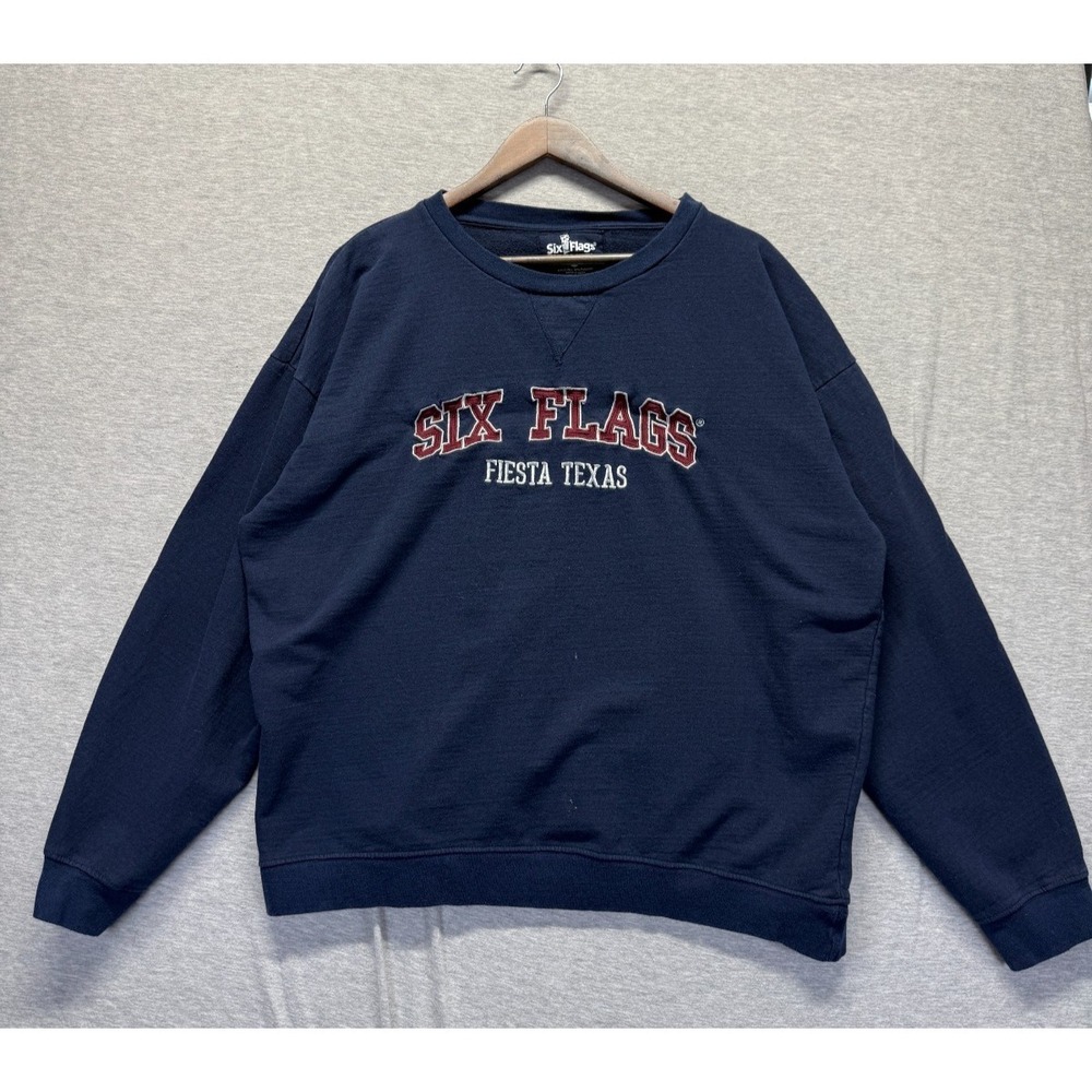 Six Flags‎ Fiesta Texas Sweatshirt Mens 3XL Navy Blue Embroidered Spellout Logo